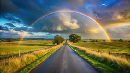 Fototapeta premium Rainbow spanning over a picturesque country road, country, road, rainbow, nature, landscape, sky, colors, scenic
