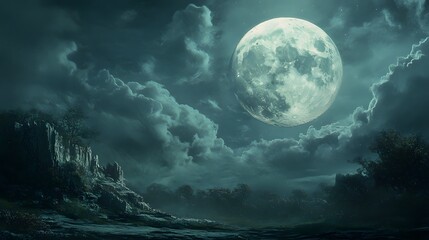 Fototapeta premium Full Moon Over a Misty Forest