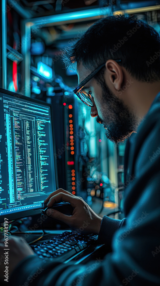 Poster a technician performing software update on computer, focused on screen filled with code. environment