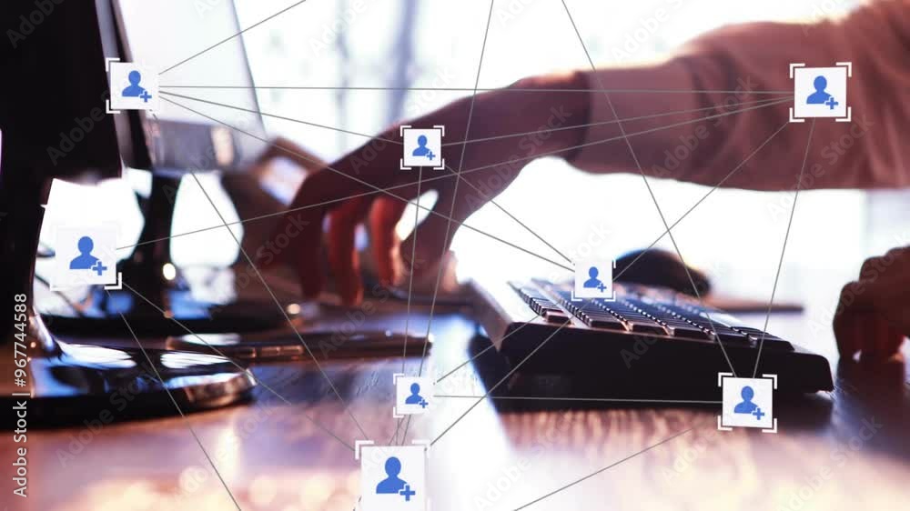 Poster animation of network of connections with icons over caucasian businessman using computer