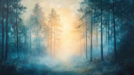 Obraz premium Nature painting of a misty forest at dawn, with soft light filtering through the trees.