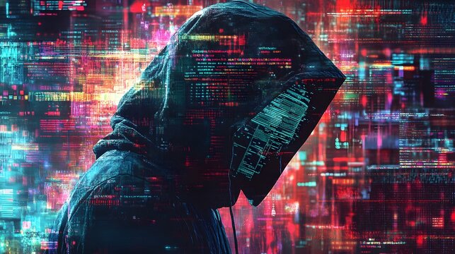 A digital collage of various computer code and data, with the face of a hacker wearing a hoodie in front of it