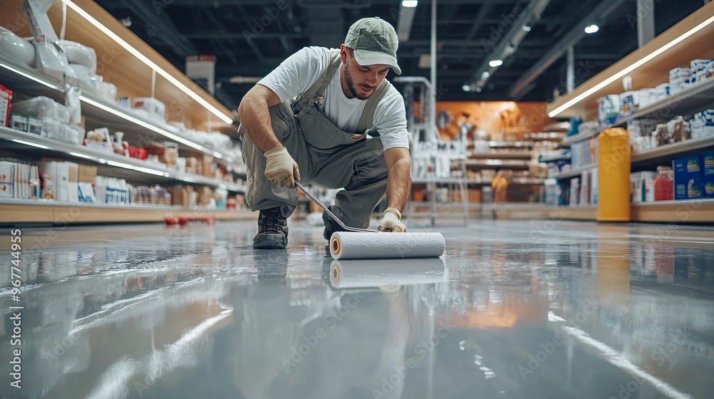 Wall mural photorealistic worker applying epoxy floor coating in a retail store, the worker using a paint roller to coat the polished concrete floor, medium shot capturing the worker's focused expression and