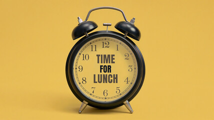 An alarm clock with "Time for Lunch" text in middle of it on a yellow background. break for eating, office reminder concept.