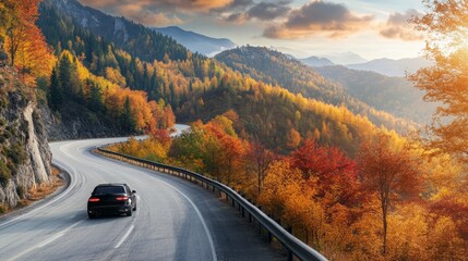 Car Driving on an Autumn Road Through a Scenic Mountain Landscape. Vibrant Fall Colors Surrounding the Highway as it Winds Through a Beautiful Forest, Capturing the Serenity of Nature During an Autumn