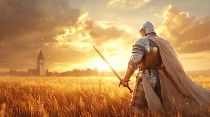 Medieval Knight Standing in Golden Field at Sunset