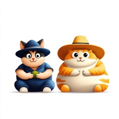 Two cute cartoon cats dressed in farmer attire, one in a blue outfit and the other wearing a straw hat.