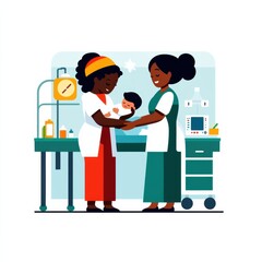 Two healthcare professionals caring for an infant, showcasing compassion and teamwork in a medical environment.