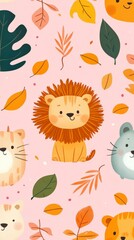 Fototapeta premium Seamless Kawaii Animal Pattern with Autumn Leaves on Pink Background