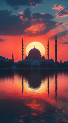 Naklejka premium A tranquil scene of sunset over mosque, with vibrant colors reflecting on water. silhouette of mosque and its minarets creates serene atmosphere