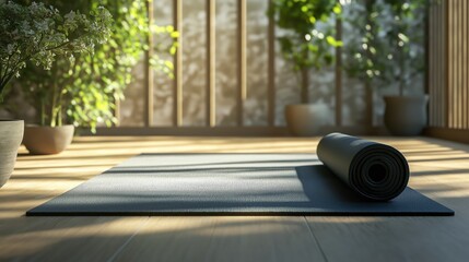 A rolled-up yoga mat lies in a serene, sunlit room filled with lush potted plants. The peaceful atmosphere, with natural light filtering in, creates a perfect setting for mindfulness and relaxation.