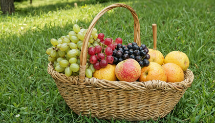 A wicker basket full of fruit is placed on a cloth on the grass