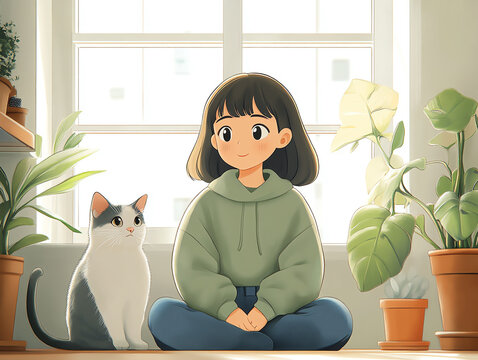 Cute girl and her cate sitting near window with plant pot at cozy home. Generative ai.