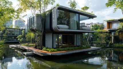 Modern concrete house on stilts over a pond with greenery.