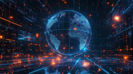 Obraz premium 3D holographic globe surrounded by glowing blue and orange data grids, symbolizing global networks, digital connections, and futuristic technology.