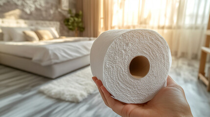hand holding a roll of toilet paper, with a blurred background. The image emphasizes hygiene, daily essentials, and preparedness. It conveys practicality, cleanliness, and simple human necessities