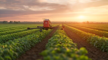 Fototapeta premium Drone spraying pesticides over a field of crops at sunset.
