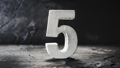 Stone number 5 on dark abstract rough background. Grunge wall with cracks and scratches effect.