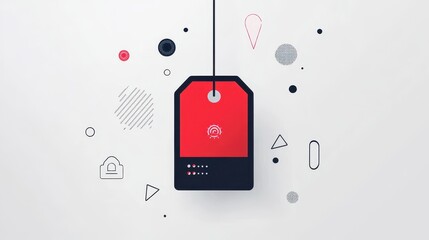 A red tag hangs centrally, accompanied by various geometric shapes and patterns in contrasting colors, creating a minimalist design