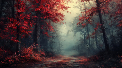 A serene forest path surrounded by vibrant red foliage creates captivating autumn scene. mist adds mystical touch, inviting exploration and reflection.