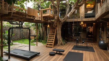 A modern gym built inside a tree house with wooden floors, a treadmill, and a workout bench.
