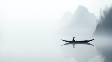 Minimalist Ultra High Definition Image of a Boatman Wearing a Bamboo Hat on a Flat Boat. The Scene Features a Silver Gray Background with High Saturation, Large Areas of White Space and Reflection
