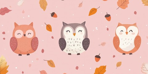Seamless Kawaii Animal Pattern with Autumn Leaves on Pink Background