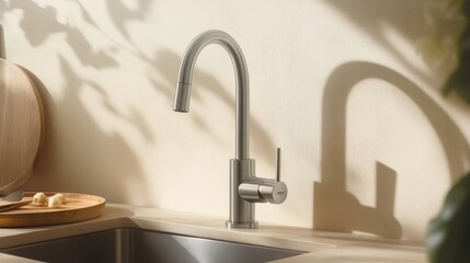 Award-Winning Product Photography of a Moen Kitchen Faucet with Curved Handle, Wooden Plate, and Stainless Steel Sink Against a Beige Wall. The Image Utilizes Soft Lighting and Natural