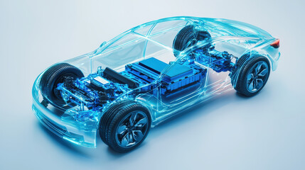 Fototapeta premium A 3D transparent car showcasing blue electric motor and battery components, highlighting modern automotive technology and innovation