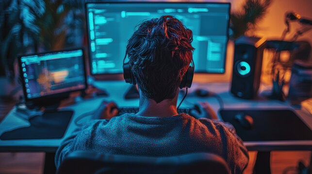 A graphic designer is focused on their work, sitting at desk with multiple screens displaying code and design elements. warm lighting creates cozy atmosphere
