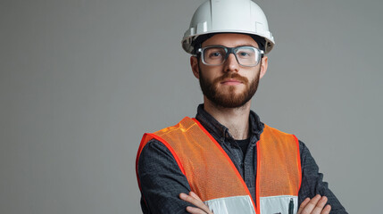 A confident engineer wearing hard hat and safety glasses, showcasing professionalism and readiness for work. His orange safety vest adds to industrial look