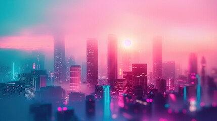 Cityscape with Neon Glow, Vaporwave Twilight.