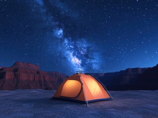 A vibrant orange tent illuminated under a starry sky, showcasing the beauty of camping in nature and the vastness of the cosmos.