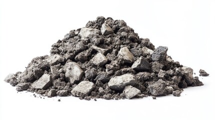 Pile of crushed rocks and dirt on a clean white background, symbolizing raw industrial material.