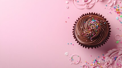 Sweet and Playful Cupcake with Chocolate Frosting on Pink Background with Blank Space for Text or Designs