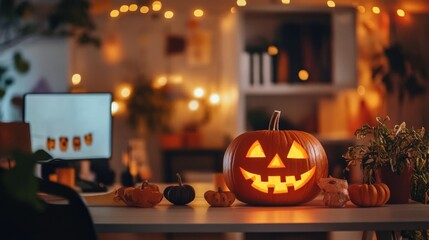 A jack-o-lantern sits on a table with other pumpkins and a blurry background of lights and decor.
