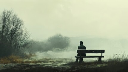 A lone figure sits on a bench overlooking a misty landscape.