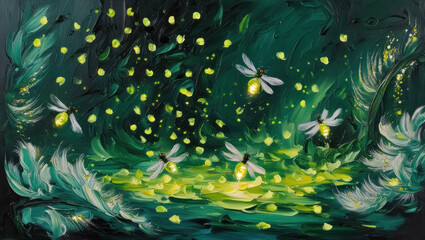 The delicately colored pattern of fireflies, shrouded in soft light, creates a magical atmosphere of a summer evening