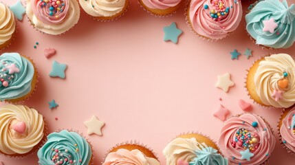 Whimsical Cupcake Display with Colorful Frosting and Sprinkles in Decorative Frame