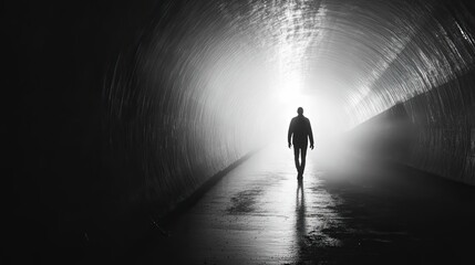 Silhouette of a Man Walking Toward a Bright Light at the End of a Tunnel
