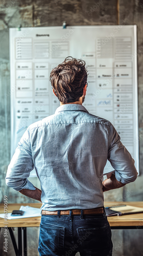 Poster a businessman is reviewing project timeline while standing in front of large presentation board fill