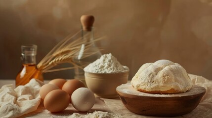 Fototapeta premium Homemade cake baking with ingredients on light brown background, front view