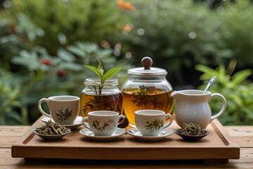 Fototapeta premium Medicinal plants and freshly brewed herbal tea set 