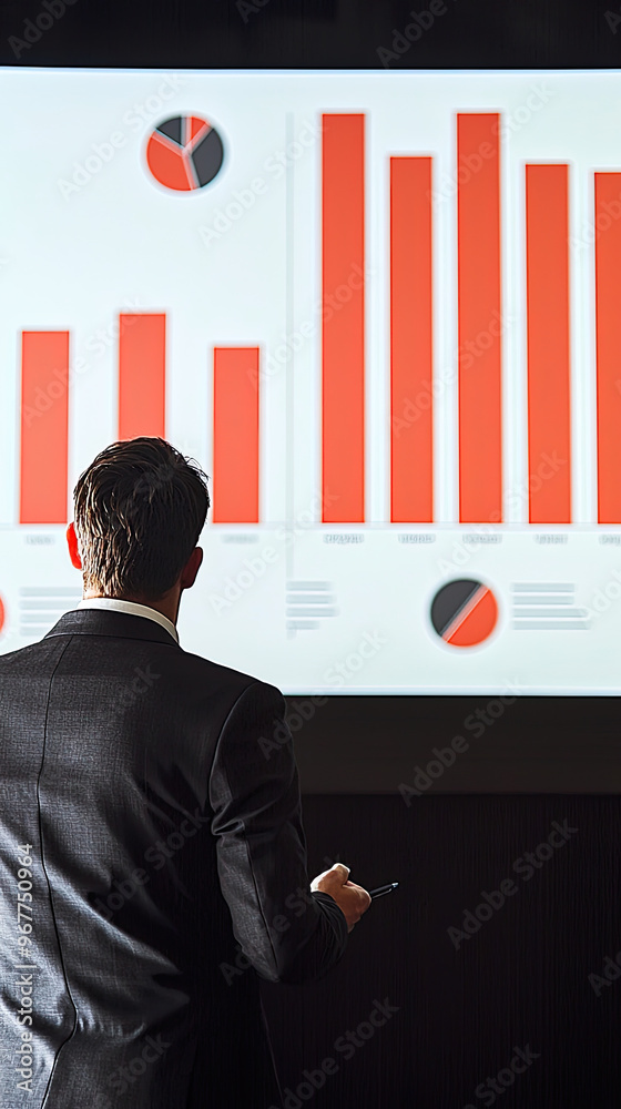 Poster businessman working on presentation slide, analyzing data with graphs and charts. atmosphere is focu