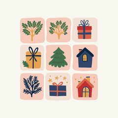 Merry Christmas and Happy New Year illustration. Modern trendy minimal style. Hand drawn design for wallpaper, wall decor, print, postcard, cover, template, banner.
