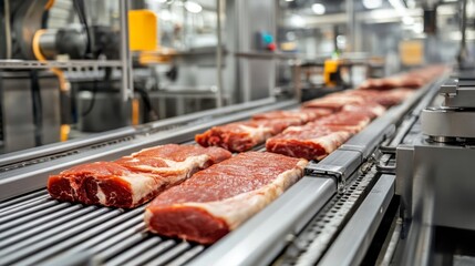 Automated production line in modern food factory.Factory for the production of food from meat.Industrial equipment at a meat factory. 