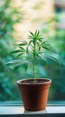 A cannabis plant growing in pot on windowsill, basking in natural light, showcases its vibrant green leaves. This serene setting highlights beauty of indoor gardening