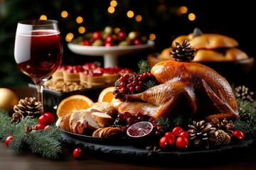 A postcard featuring a traditional Christmas feast, with a table full of festive foods, roasted turkey, and warm mulled wine, wishing Seasonâ€™s Greetings from Our Table to Yours
