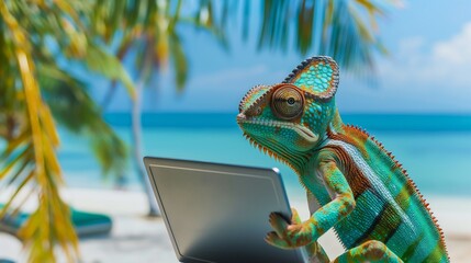 Obraz premium Chameleon Working on Laptop at Beach.