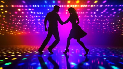 Couple Dancing Under Colorful Lights on the Dance Floor, Silhouetted Against a Vibrant Nightclub Scene. Disco Night and Salsa Dancing Capture the Energetic Party Atmosphere with Neon Lights and Dynami